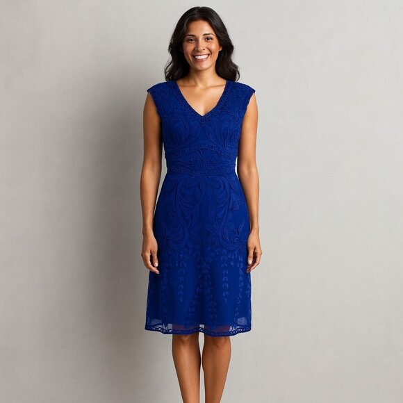 Sue Wong Blue Embroidered Mesh Cocktail Dress Size 10 Elegant Formal Wedding - Picture 4 of 13